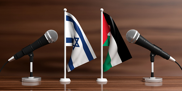 Relationship between Palestine and Israel. Cable microphones on stands on a wooden background, banner. 3d illustration