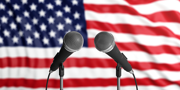 America blur flag backdrop, two cable microphones in front. Political, business concept. 3d illustration