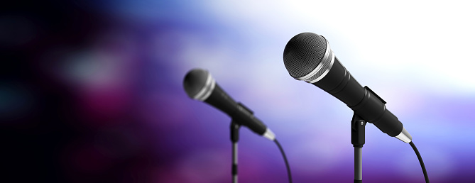 Cable microphones on stands on blue blurred background, banner, copy space. 3d illustration