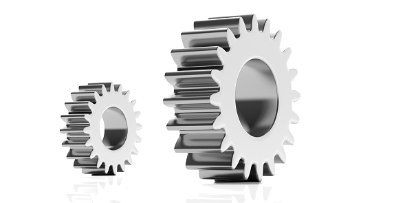 Small and large silver gears isolated on white background. 3d illustration
