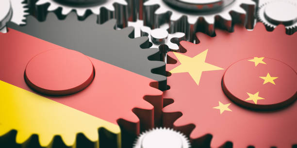 China and Germany flags on metal cogwheels. 3d illustration China and Germany relations concept. China and Germany flags on metal gears. 3d illustration china digital flag stock pictures, royalty-free photos & images