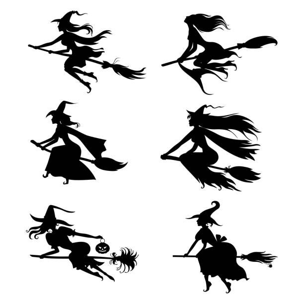 Halloween witches silhouettes on broom set Vector illustrations of Halloween silhouettes witches with hat on broom set witch stock illustrations