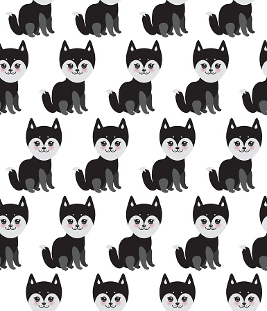 seamless pattern Kawaii funny black gray husky dog, face with large eyes and pink cheeks, isolated on white background. Vector illustration