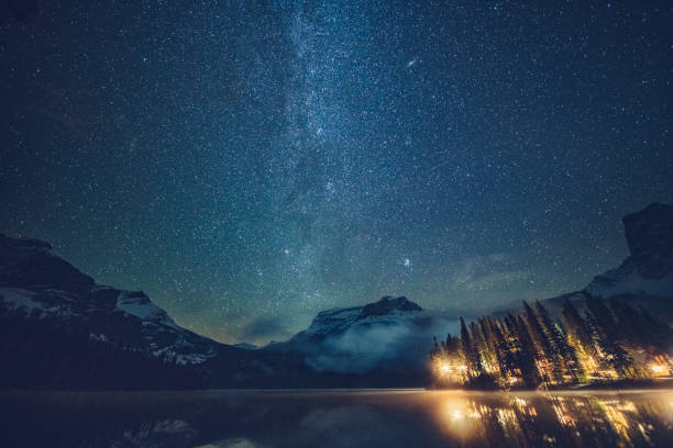istock Emerald lake with illuminated cottage under milky way 1053780000