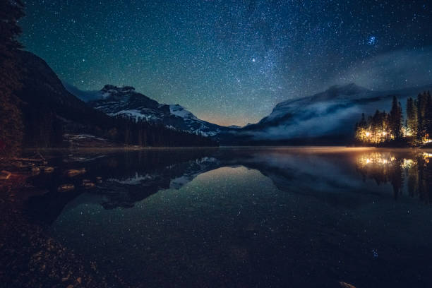 istock Emerald lake with illuminated cottage under milky way 1053780138