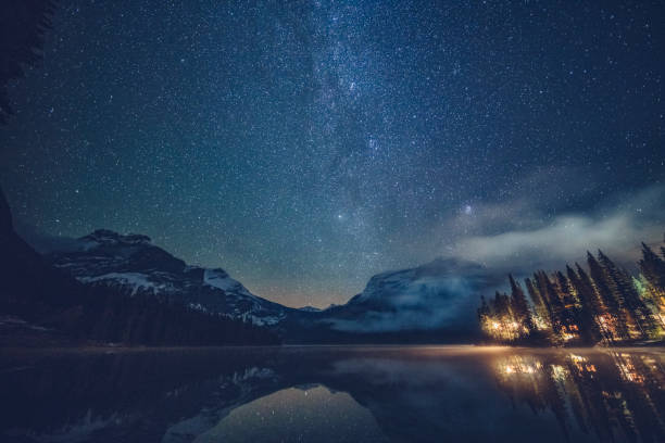istock Emerald lake with illuminated cottage under milky way 1053780182