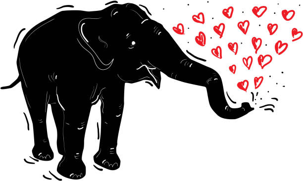 Black elephant, red heart, doodle by hand isolated on white bacground. Vector Black elephant, red heart, doodle by hand isolated on white bacground. Vector illustration elephant art stock illustrations