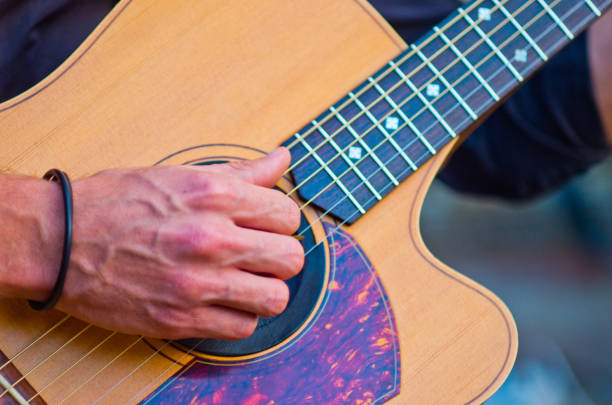 istock hands of musician run fast on the guitar strings 1053785898