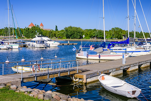 Kuressaare town, Saaremaa island, Estonia - July 11, 2018: boats in the harbour of Kuressaare