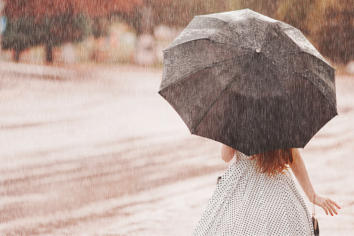 Wet Weather Autumn Rain Depressed Girl In Polka Dots Dress Hold Black Umbrella Raining In City Wet Umbrella Against The Backdrop Of The Street Woman Was Caught In The Rain Alone Depressed Wet Weather Autumn Rain Depressed Girl In Polka Dots Dress Hold Black Umbrella Raining In City Wet Umbrella Against The Backdrop Of The Street Woman Was Caught In The Rain Alone Depressed
