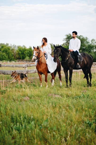 istock Couple Riding Horse On Field 1053791616