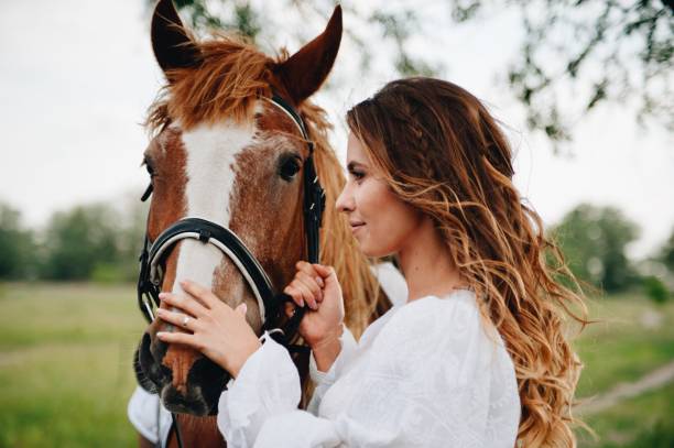 istock Young Woman Horse On Field 1053791622