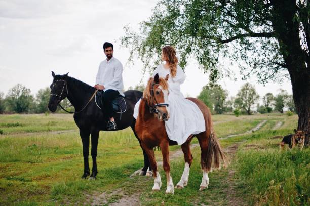istock Couple Riding Horse On Field 1053791696