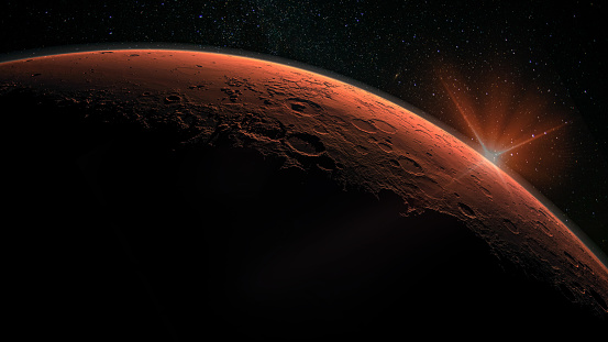 Imagen de alta resolución de Marte. Marte es un planeta del sistema solar. Amanecer con destello de lente. Elementos de esta imagen proporcionada por la NASA. photo