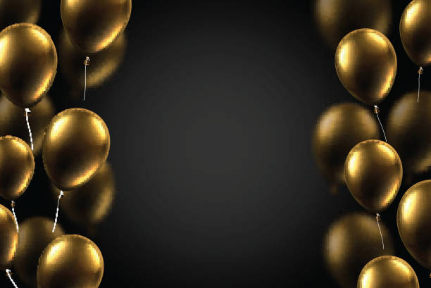 istock Black festive poster with gold glossy balloons. Holiday decoration. 1053796704