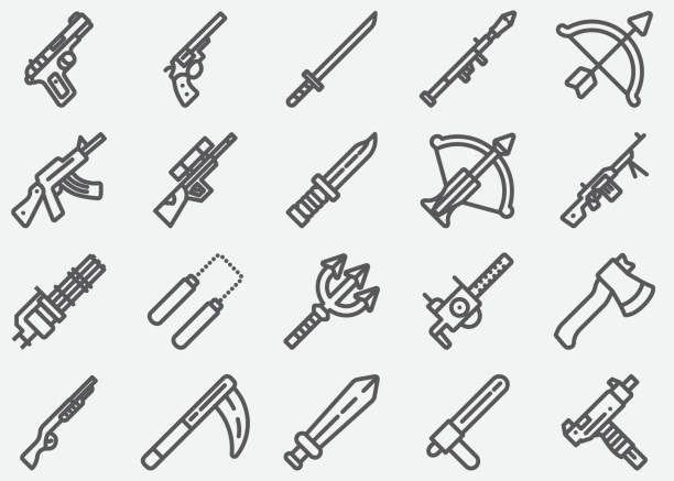 ilustrações de stock, clip art, desenhos animados e ícones de weapons line icons - flamethrower