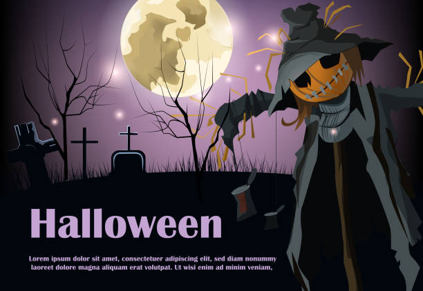 istock Halloween lettering with crosses, moon and scarecrow 1053801350