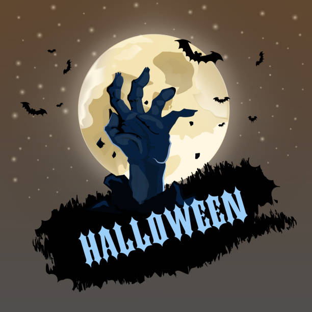 istock Halloween lettering with zombie hand and moon in background 1053801438