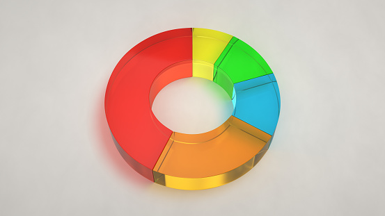 Colorful glass ring pie chart on white background. Infographic mockup. 3D render illustration