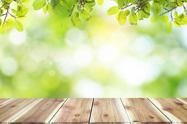 istock Empty wooden table with blurred city park on background The top has a natural  bokeh light,Mock up for display.  montage of product,Banner or header for advertise on social media,Spring and Summer. 1053802974