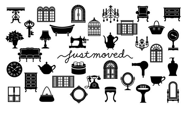 house moving greeting card. Just Moved. house moving greeting card. Set of antique furniture illustrations. victorian house stock illustrations