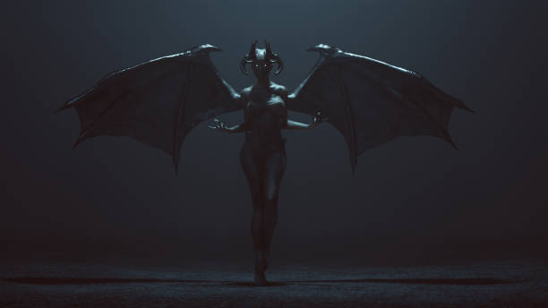 sexy femme de diable ailé dans un vide brumeux - sensuality halloween witch devil photos et images de collection