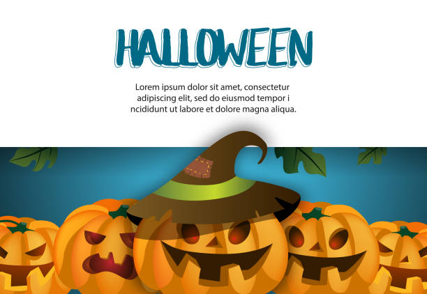 ilustrações de stock, clip art, desenhos animados e ícones de halloween banner design with spooky pumpkin in witchs hat - witchs