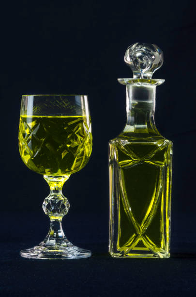 Small decanter and glass with yellow food dye