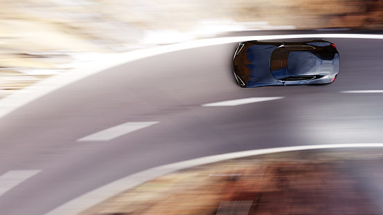 view from top of fast moving car, motion blur,  3D, car of my own design.