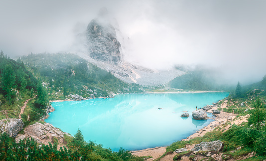 Beautiful Lake Lago di Sorapis in National Park Dolomites at Italien Alps.