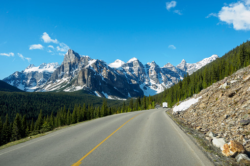 View of Valley of the Ten Peaks, Driving on the Road, Moraine Lake, Banff National Park, Alberta, Canada