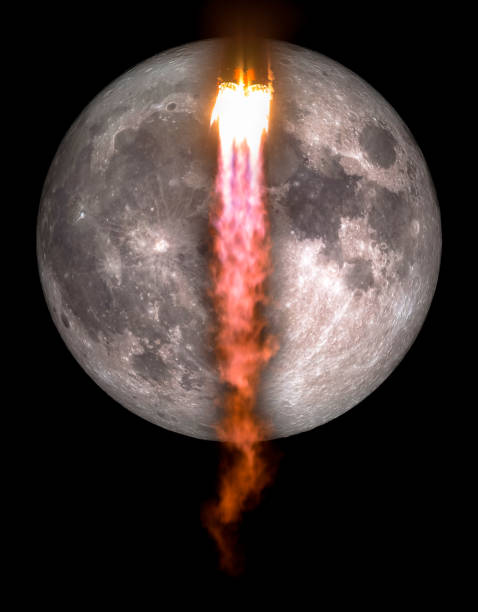 宇宙船は月コラージュする概念旅行月に任務に離陸。 黒の愚か者の月と宇宙に飛んで煙の雲とロケット。nasa から提供されたこのイメージの要素です。 - rocket taking off spaceship space ストックフォトと画像