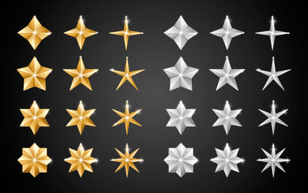 Christmas decoration 2019 Stars Set of realistic metallic golden and silver stars of different shapes isolated on a black background spiked stock illustrations