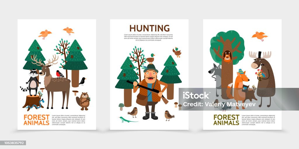 Flat Hunting Posters Flat hunting posters with hunter raccoon on stump deer beaver birds squirrel wolf snake fox reading book elk holding flowers vector illustration Illustration stock vector