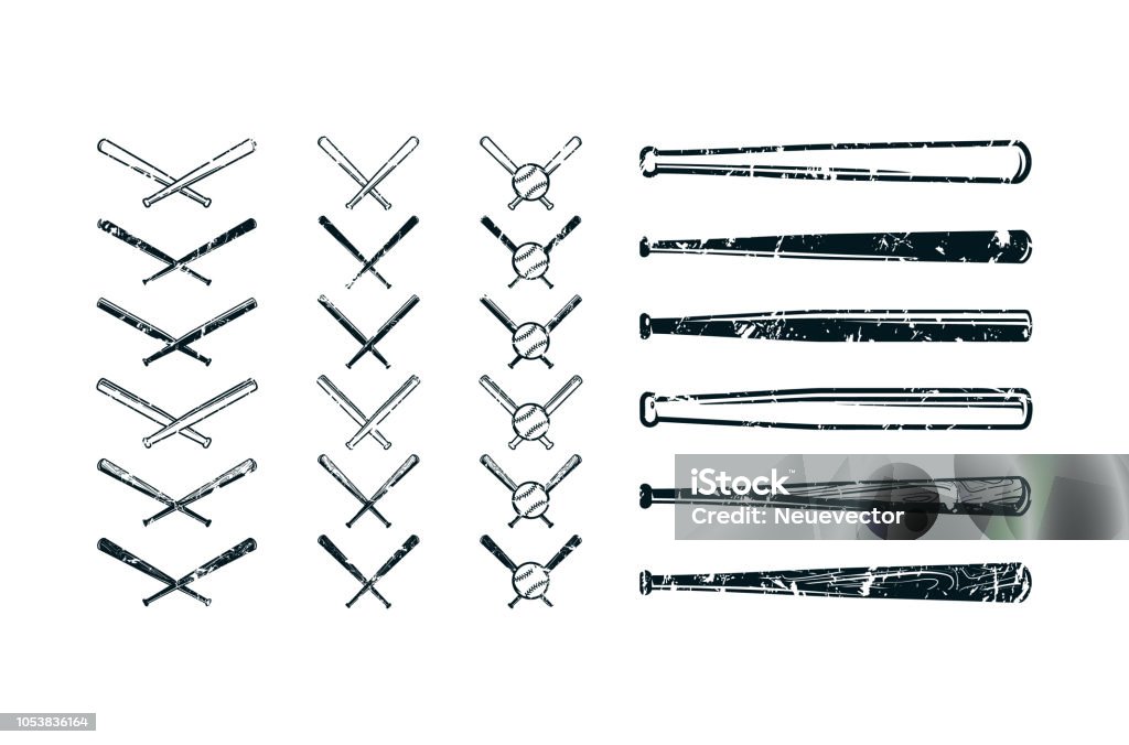 Set of images of baseball bats Set of images of baseball bats. Horizontal and crossed version. Design with vintage texture. Black print on white background Sports Bat stock vector