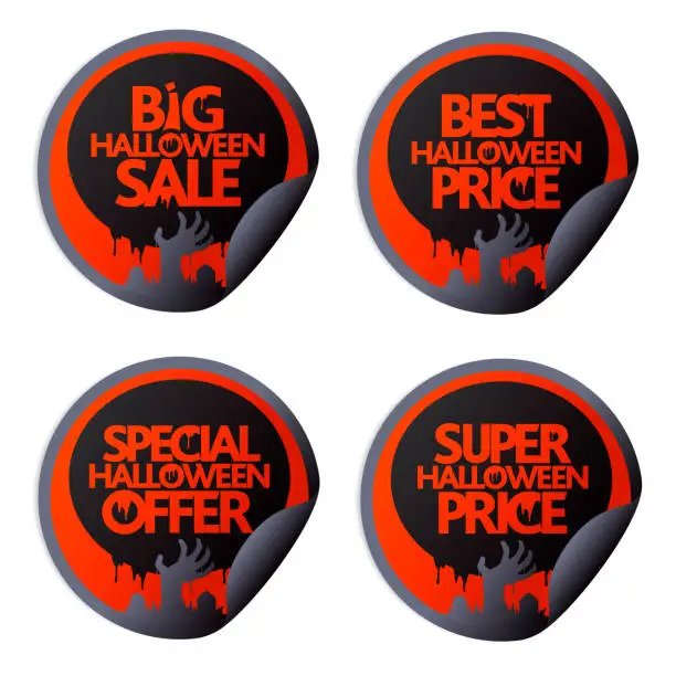 Vector illustration of Halloween sale set stickers with zombie hand