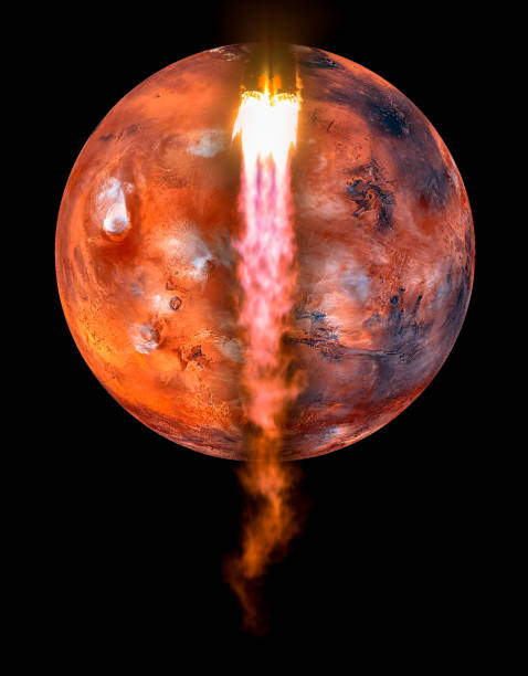宇宙船は火星、地球コラージュの概念の旅に任務に離陸。 黒に赤い火星と宇宙に飛んで煙の雲とロケット。nasa から提供されたこのイメージの要素です。 - rocket taking off spaceship space ストックフォトと画像