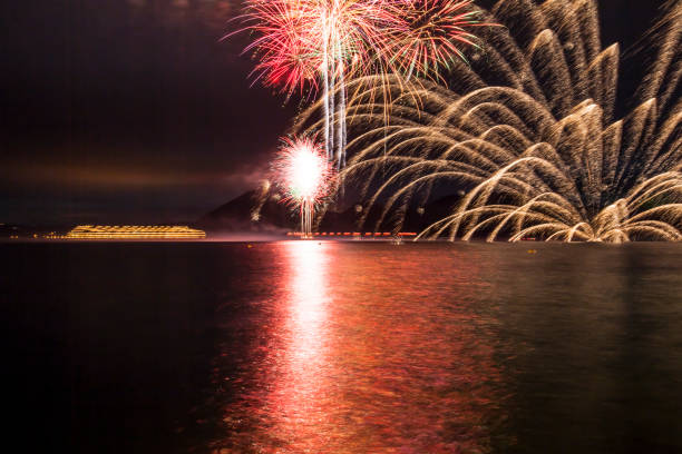 fire work on toya lake of hakkaido japan.