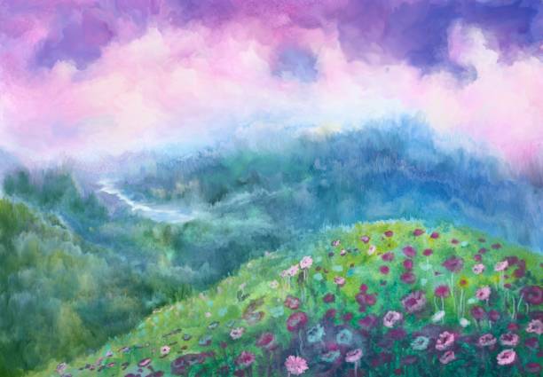 fantasy watercolor landscape watercolor painting spring flower mountain landscape stock illustrations
