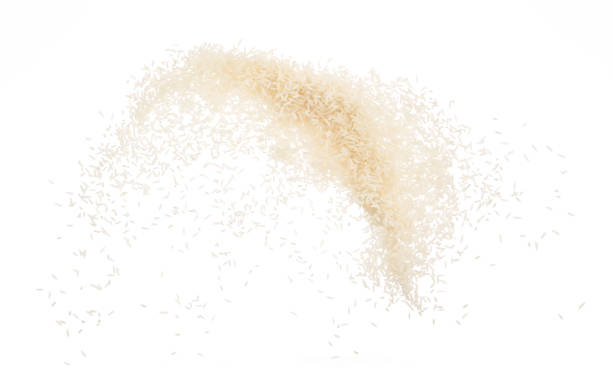 dejar salpicaduras de arroz blanco de movimiento o explotar volando en el aire aislado en fondo blanco alimentos objeto diseño - arroz grano fotos fotografías e imágenes de stock