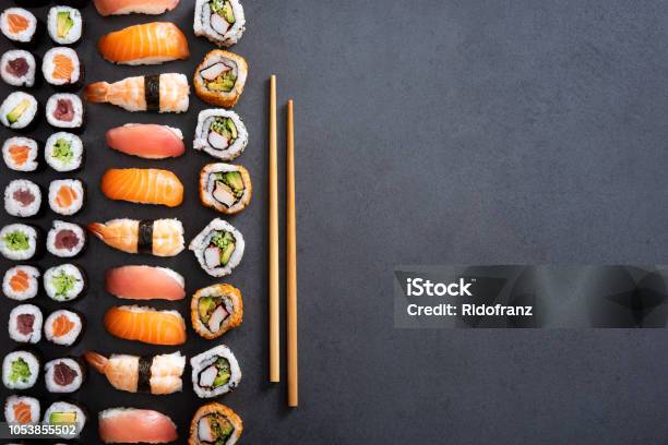Sushi Rolls And Nigiri Background Stock Photo - Download Image Now - Sushi, High Angle View, Backgrounds