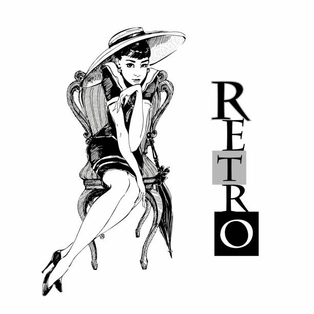 Retro girl in hat. Elegant lady. Graphics. Vector Retro girl in hat. Elegant lady. Graphics Vector 60s style dresses stock illustrations