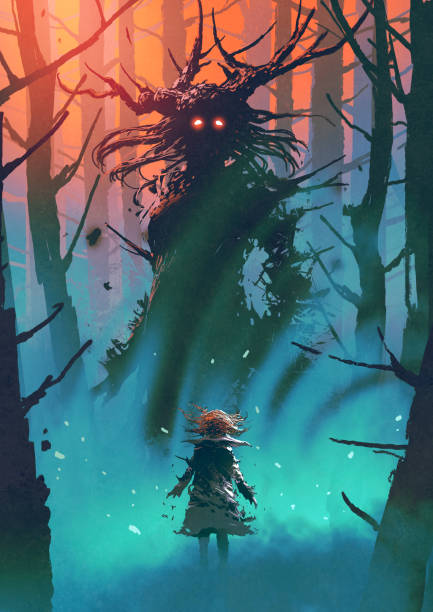 witch of the black woods little girl and the witch looking each other in a forest, digital art style, illustration painting monster fictional character stock illustrations