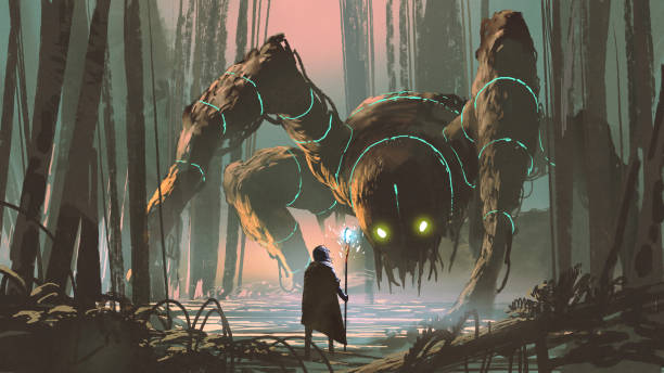 legendary creature of dark forest young wizard with magic staff and giant creature looking at each other in the forest, digital art style, illustration painting fantasy stock illustrations
