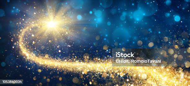 Christmas Golden Star In Shiny Night Stock Photo - Download Image Now - Christmas, Backgrounds, Star Shape