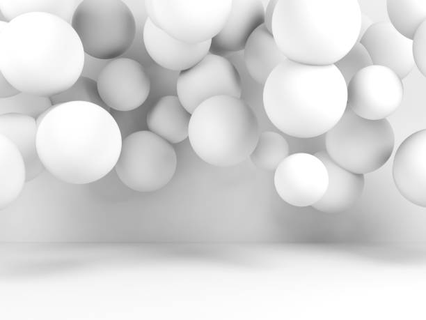 istock Group of white spheres in empty room, 3 d 1053864424
