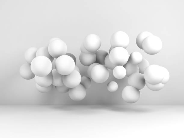 istock Cloud of spheres flying in 3d white room 1053864430