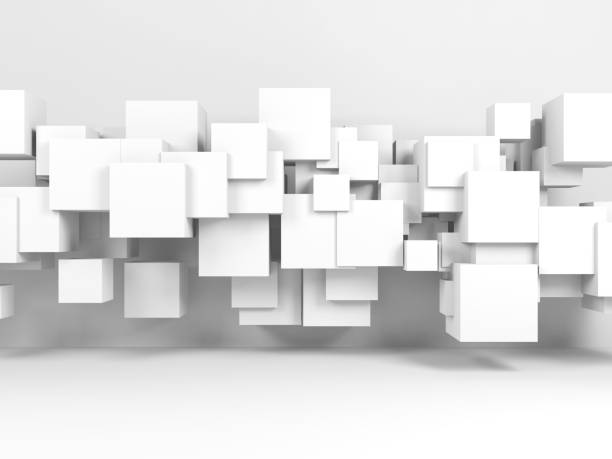 istock Installation of flying cubes in 3d room interior 1053864480