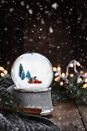 Rustic image of a snow globe with old pick up tuck hauling a Christmas tree surrounded by pine branches, cinnamon sticks and a warm gray scarf with gently falling snow flakes.