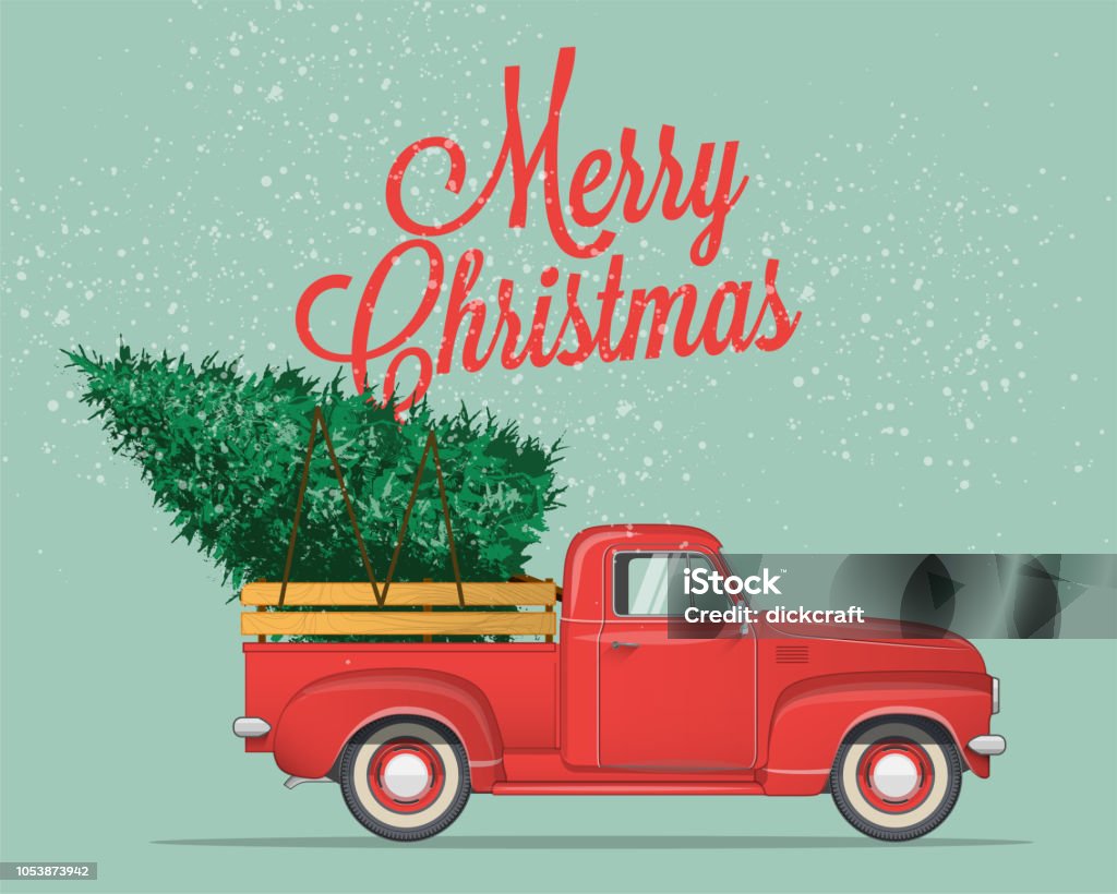 Feliz Navidad y feliz año nuevo tarjeta postal o un cartel o folleto con camioneta con árbol de Navidad. Ilustración de vector de estilo vintage. - arte vectorial de Navidad libre de derechos